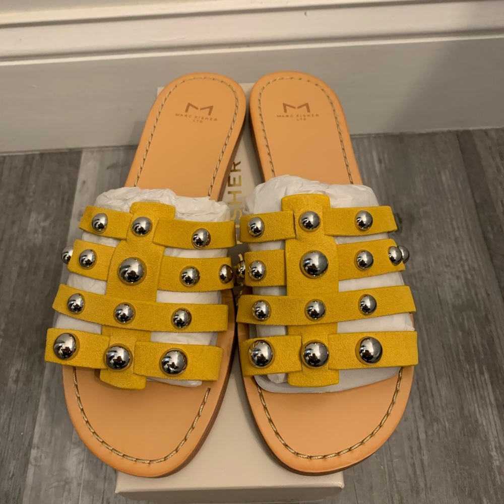 Marc Fisher Pava Studded Flat Sandals in Yellow Suede